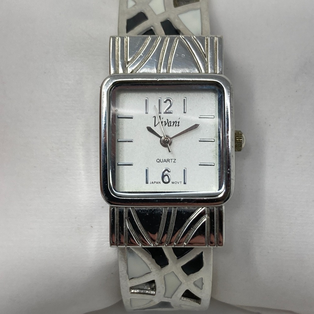 Vivani Women's Watch 22mm Silver Tone Black White Enamel Cuff New Battery 6.25"
